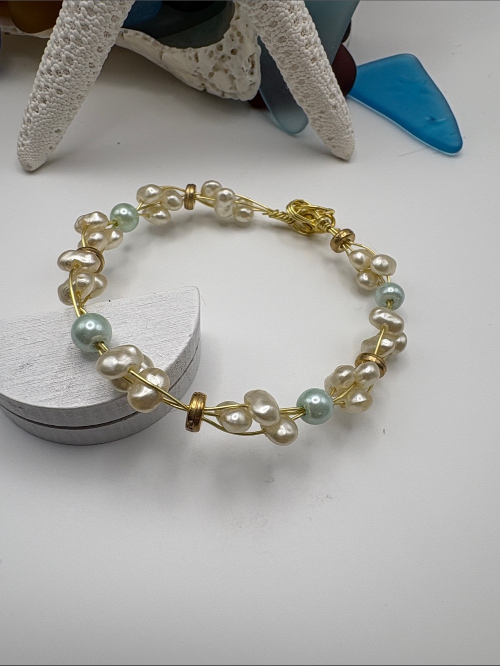 Gold Pearl and Seafoam Bead Wire Bracelet